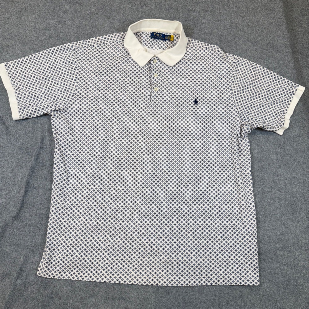 Polo Ralph Lauren Mens 2XLT Tall Blue White Geometric Diamond Polo Shirt Cotton